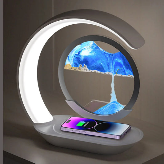 Quicksand LED Table Lamp with Wireless Charging – 3D Hourglass Sand Art Night Light for Desk, Bedroom & Office Decor